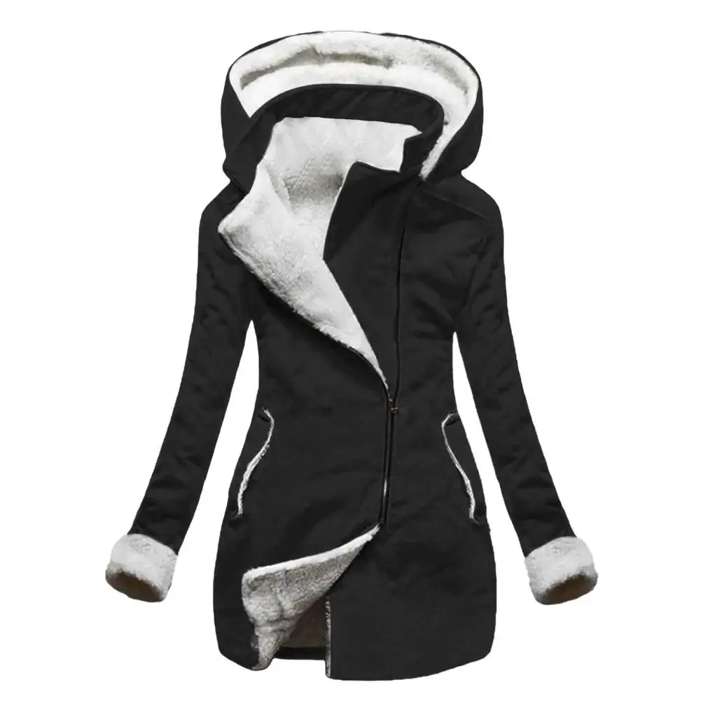 

Winter Women Coat Zipper Side Pockets Fleece Lined Hooded Overcoat Long Sleeve Winter Overcoat Female clothing