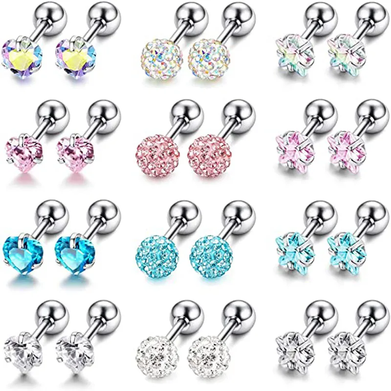 

12 Pairs Shiny Zirconia Cartilage Stud Earring Tragus Helix Piercing Barbell Star Heart Ball Cartilage Earrings Set for Women