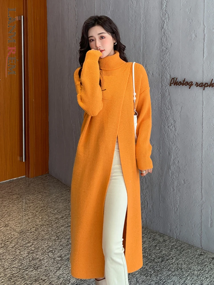 

LANMREM High-neck Slit Sweater Women Knitted Mid-length Solid Color Pullover 2022 Autumn Winter Fashion Outwear Clothing 2R4000