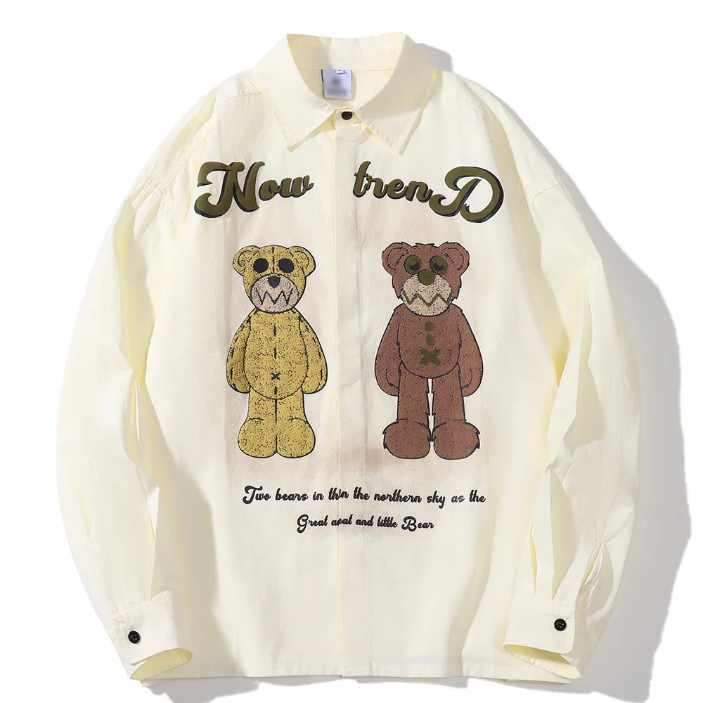 

Рубашка с длинным рукавом для мужчин и женщин, Ретро Уличная одежда с мультипликационным принтом медведя, свободная универсальная кофта в стиле хип-хоп для пар, на пуговицах
