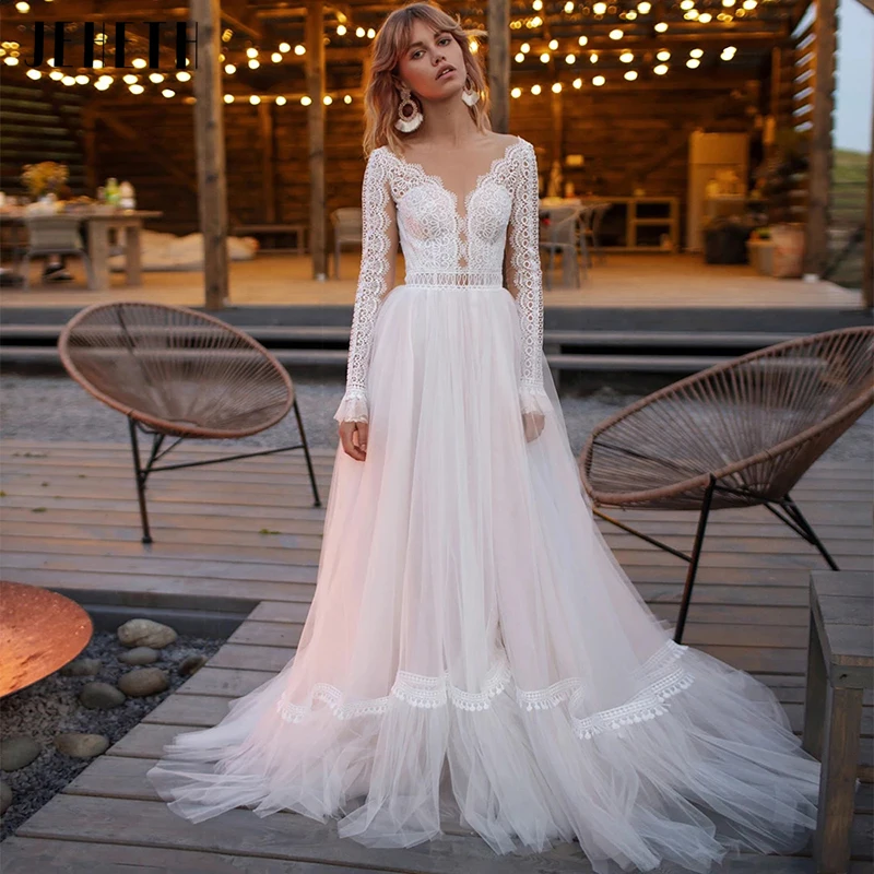 

JEHETH Boho Long Sleeves Wedding Dress Delicate Lace Appliques Illusion Back Bridal Gowns Elegant Tulle A-Line vestidos de noiva