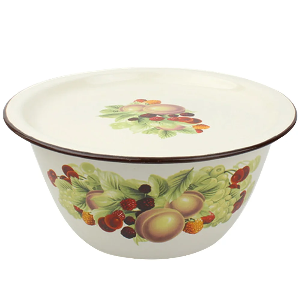 

Enamel Basin with Lid Lard Oil Storage Pot Soup Bowl Kitchen Serving for Kneading Dough