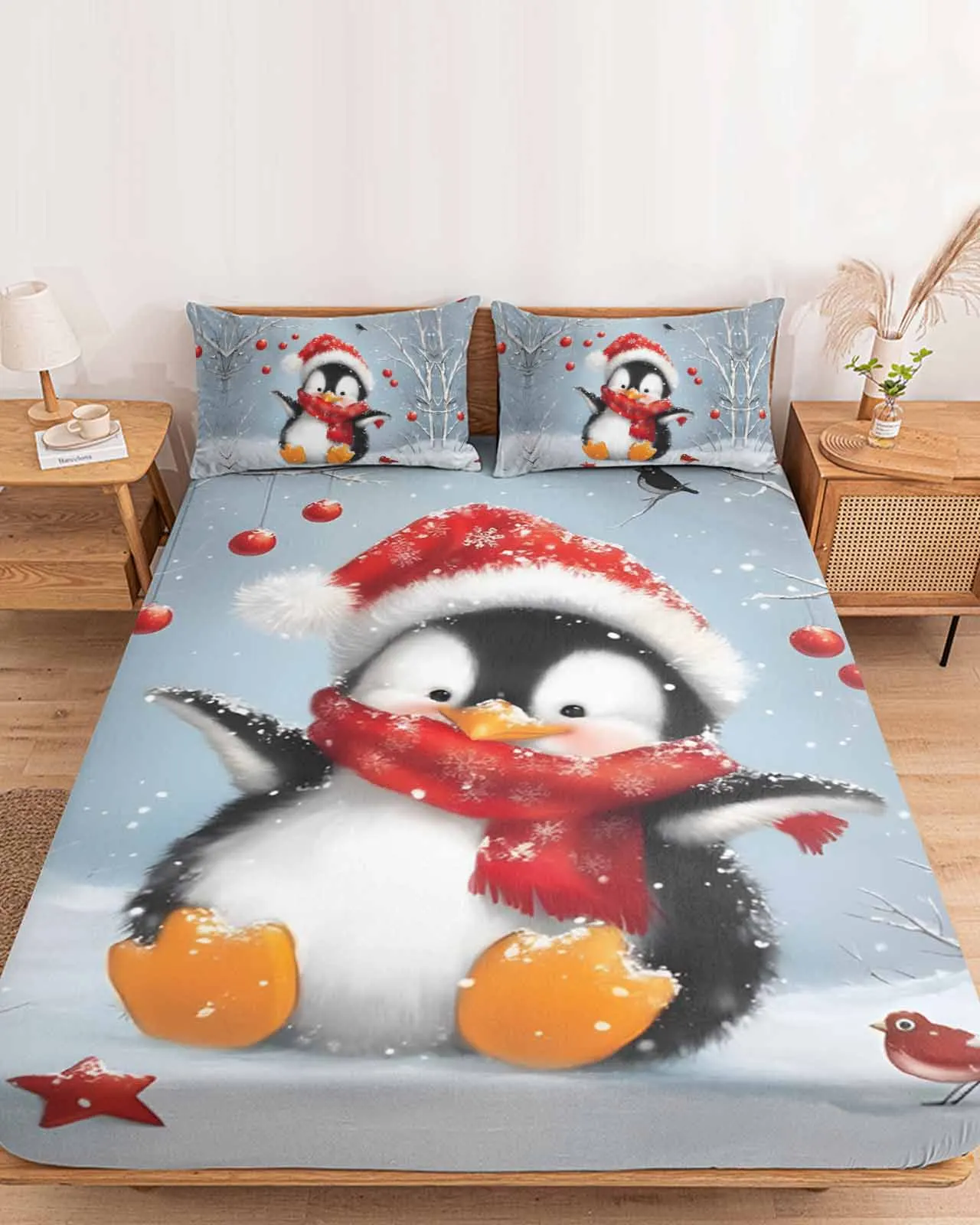 Рождественская картина маслом в виде птицы и пингвина полиэстеровая простыня