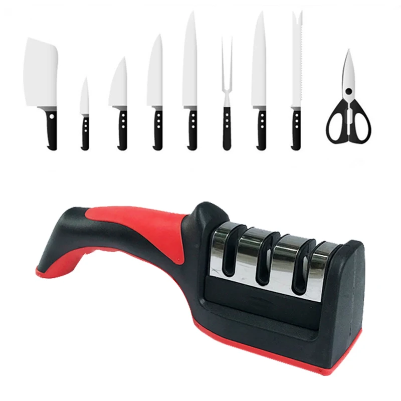 Knife Sharpener Handheld Multi-function 3 Stages Type Quick Sharpening Tool with Non-slip Base Kitchen Knives Accessories Gadget