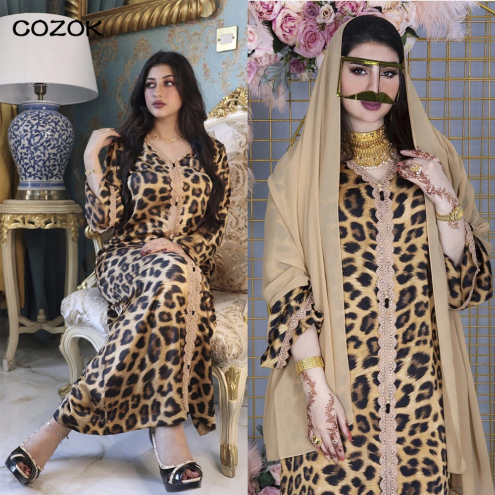 

Leopard Print Long Dress For Women Abaya Dubai Turkey Muslim Kaftan Plus Size African Boubou Ramadan Eid Mubarak Clothing