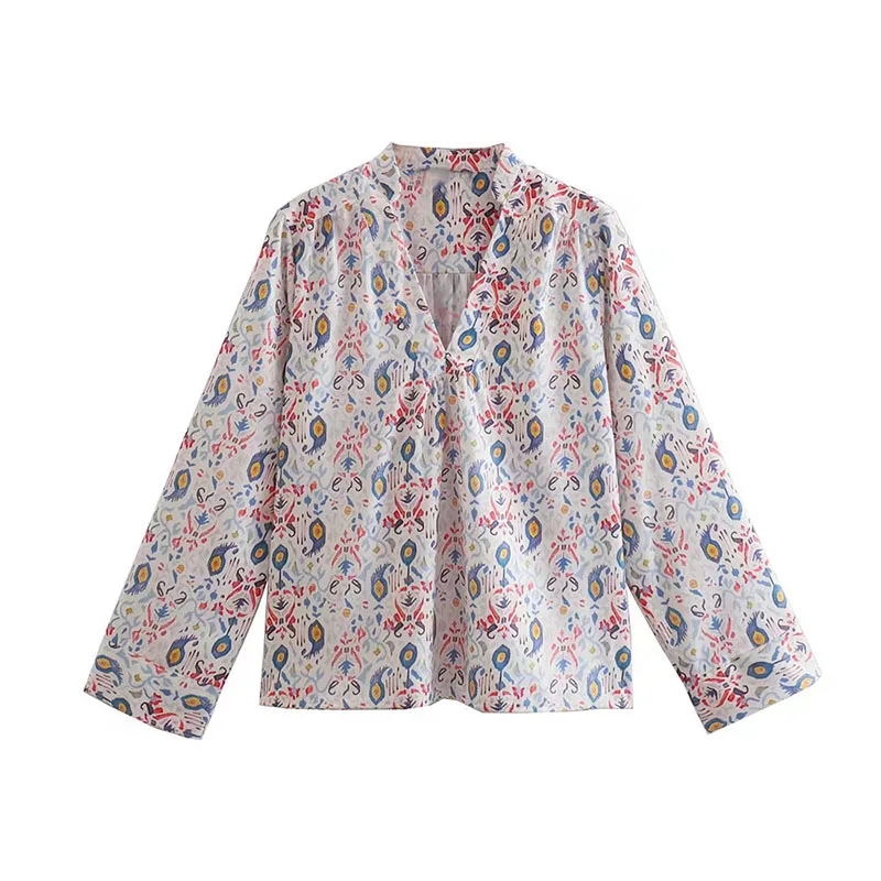 

2022 Female Clothing New Fashion Women Tops And Blouses Vintage V Neck Long Sleeves Shirt Printing Chic Ladies Blouse