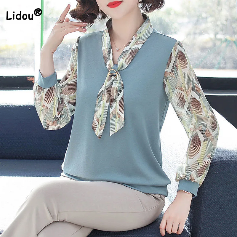 

Women's Fake Two Pieces Casual V-Neck Lace Up Tops Elegant Loose Printed Long Sleeve Spliced T-shirt Fashion Female Clothing