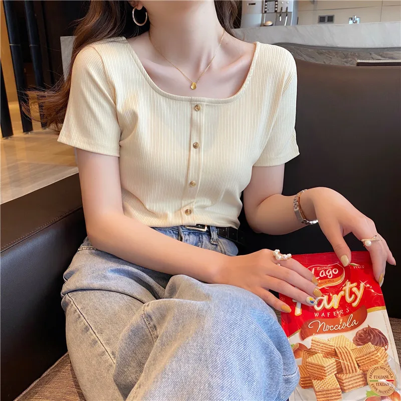 

New Style Ice Silk Square Neck Knitted T-shirt Women's Summer Short Sleeve Slim Design French Collarbone Short Women's Top