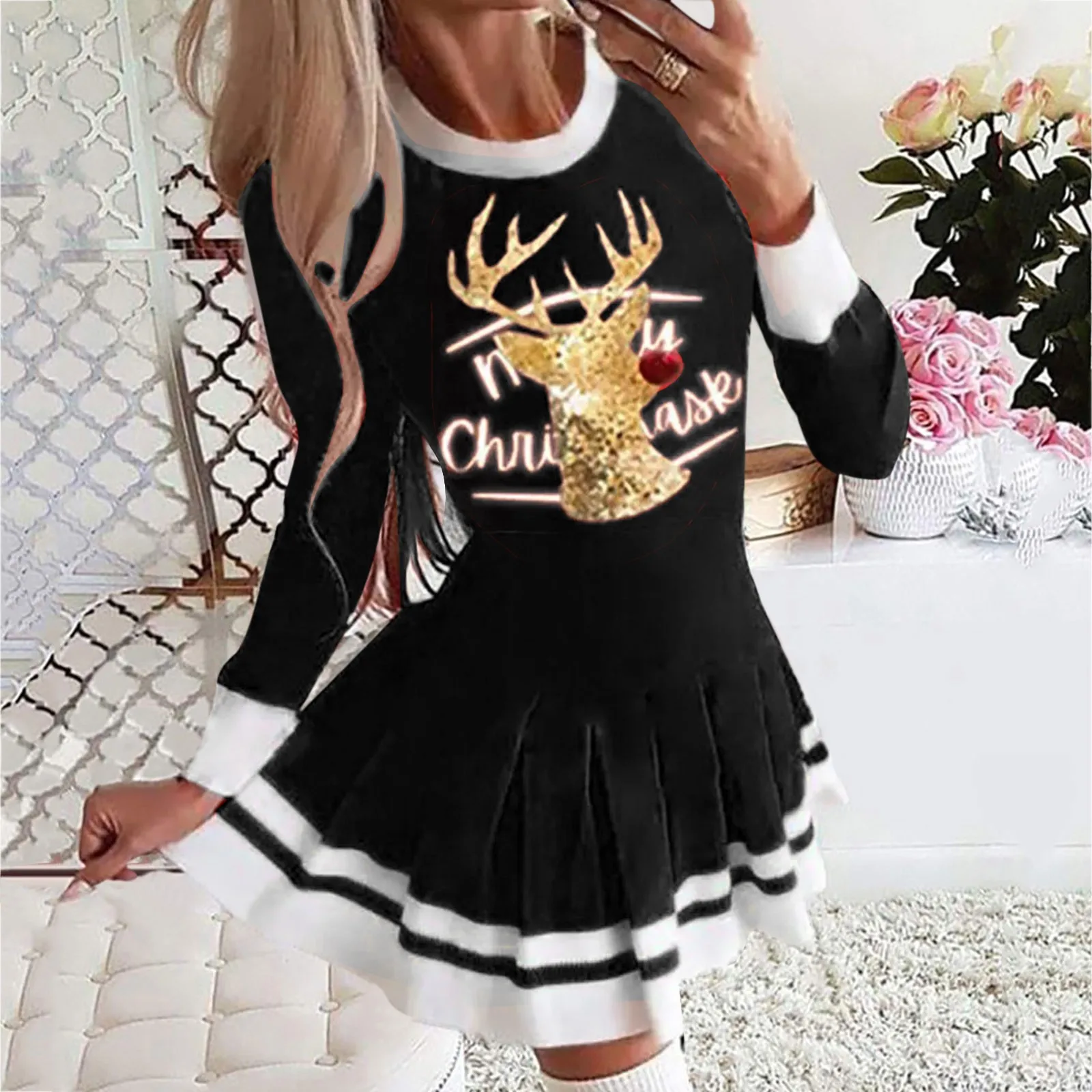 

Women Fashion Casual Christmas Print Dress Long Sleeve Round Neck Dress Ladies Party Dress Women Dresses