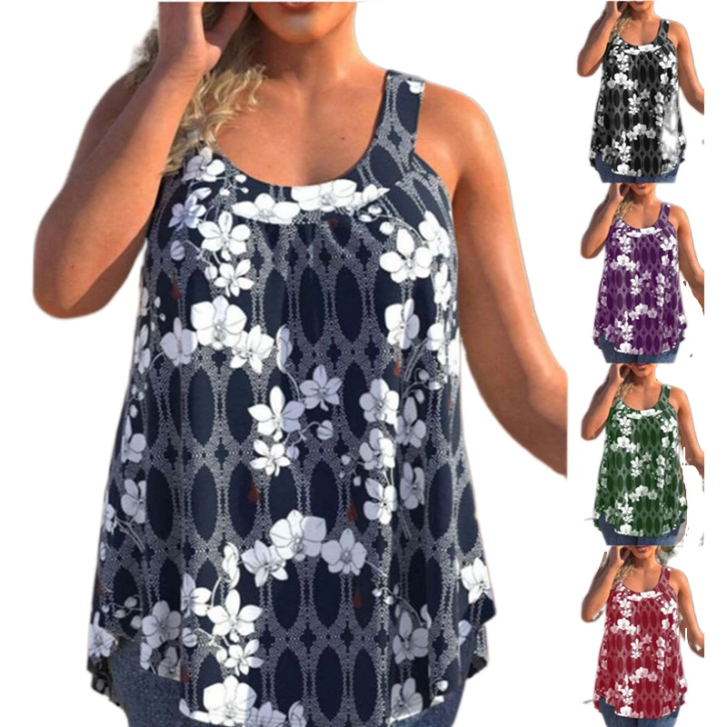 Plus Size Floral  Print Tank Top Summer Casual Loose Women Sleeveless Tees Loose Female Tops Plus Size Women Clothing 4XL 5XL