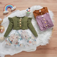 toddler baby girls dress fall ruffle button bow patch long sleeve knitted top floral print tulle a line dress casual clothing