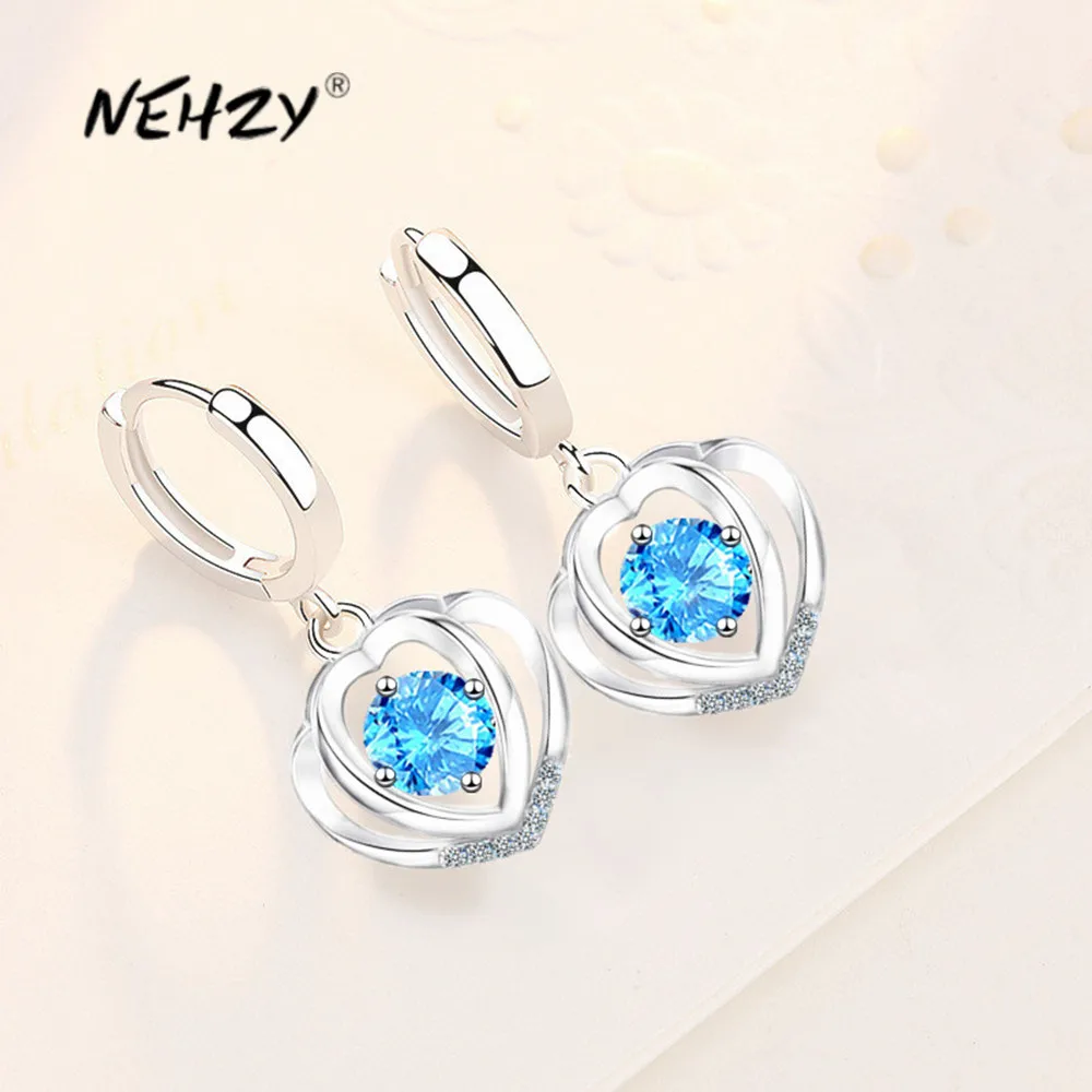 

NEHZY Silver plating 2022 new women's fashion jewelry high quality blue pink Cubic Zirconia simple heart-shaped earrings