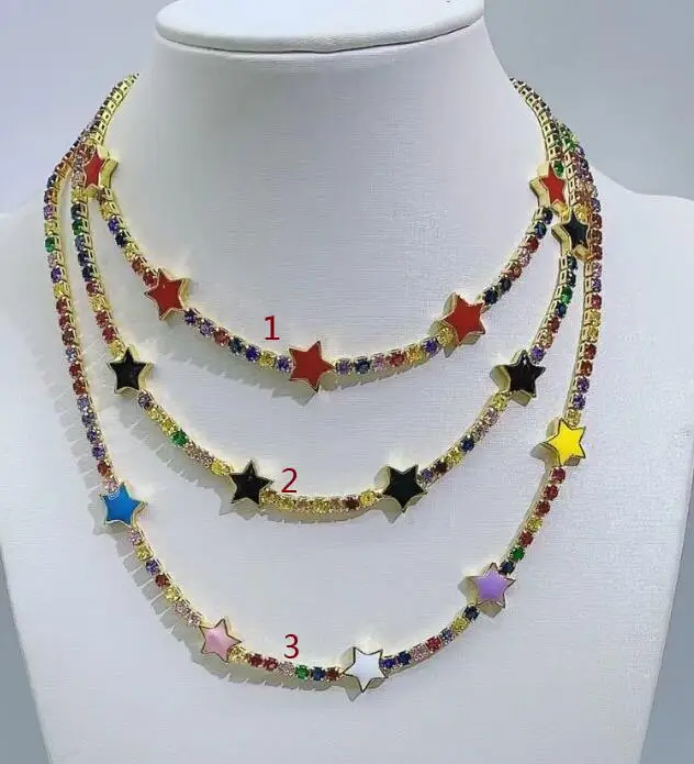 

New Gold Color Colorful Enamel star Charm CZ Tennis Chain 32+5CM Fashion Women Choker Necklace df4d