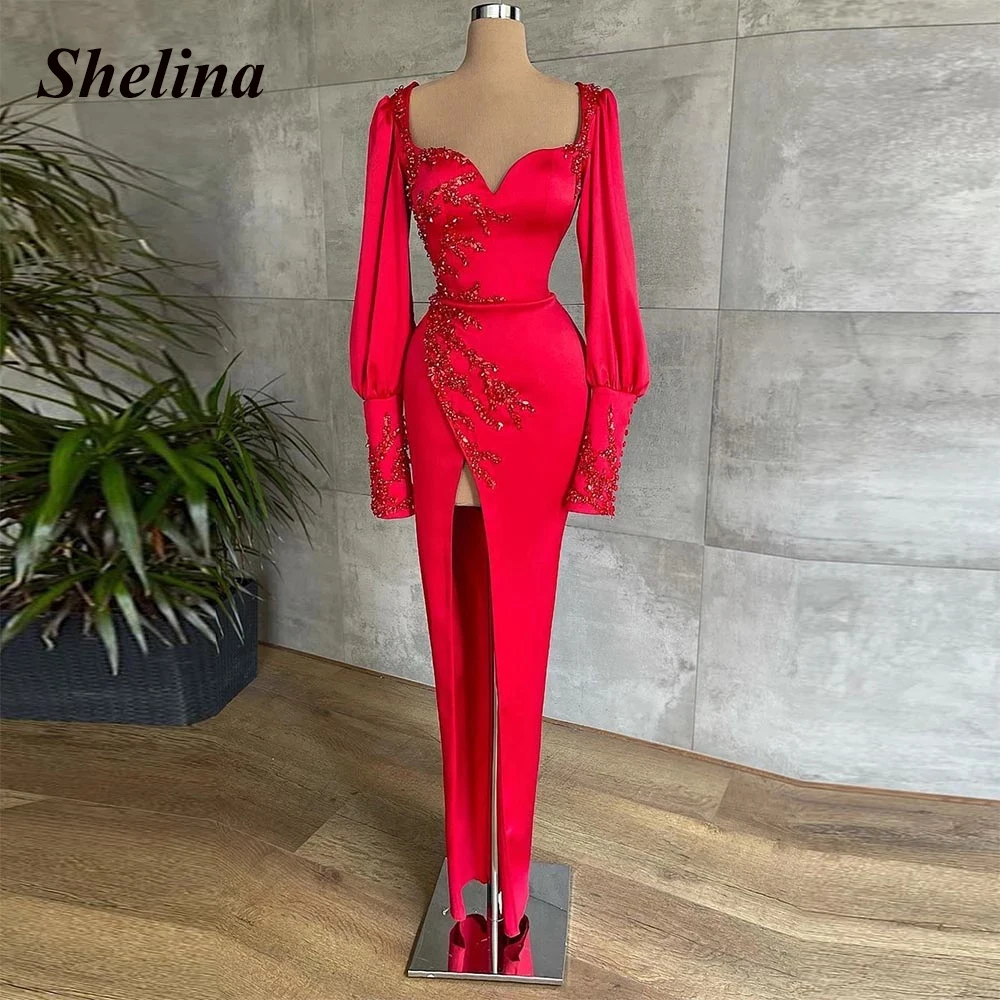 

Gorgeous Rhinestone Slit Formal Occasion Dresses V-neck Fullsleeve Ankle-Length Evening Gowns Vestido De Noite Customer Made