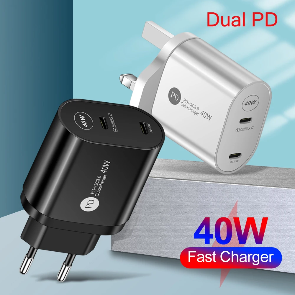 

PD40W Mobile Phone Charger USB PD Fast Charging For EU/US/UK Plug Dual Port PD Type-C PD20W Flash Charge For Cell Phones Tablets