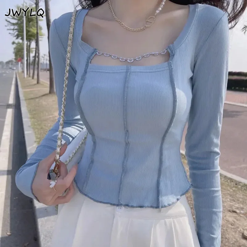 

2022 New Shirts For Women O-neck Chain Tunic Knitted Tshirts Korean Fashion Y2k Tees Tops Long Sleeve Tunic T-shirts Ropa Mujer