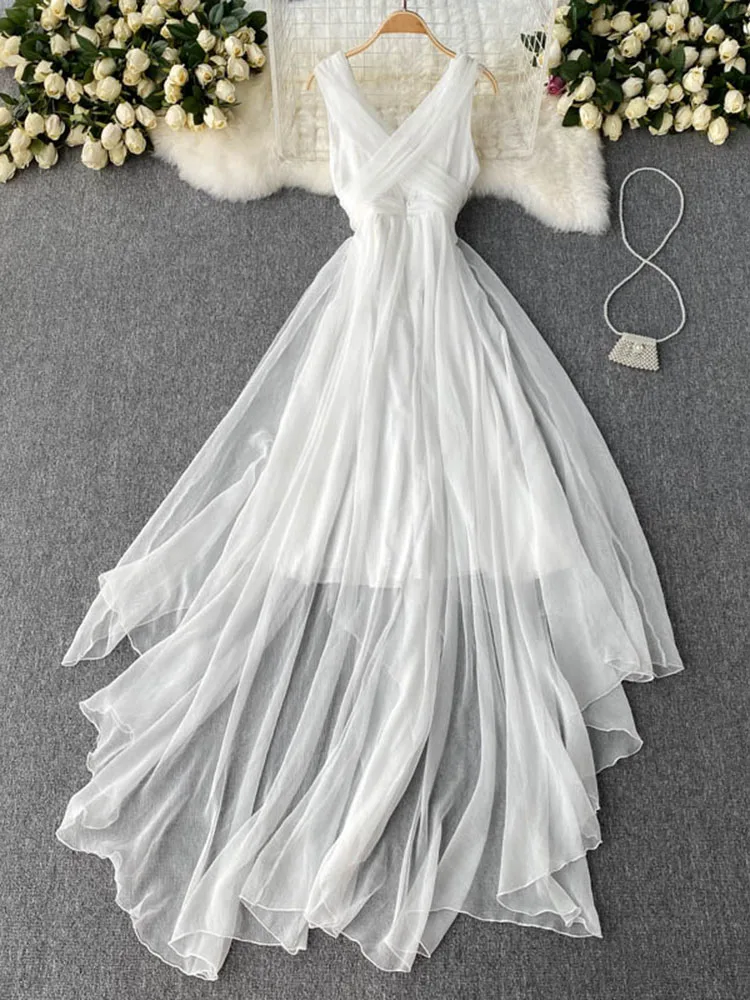 

Summer Fashion Temperament New Seaside Vacation Maxi Vestidos Female Tie Waist High-end Travel Chiffon Dress DK554