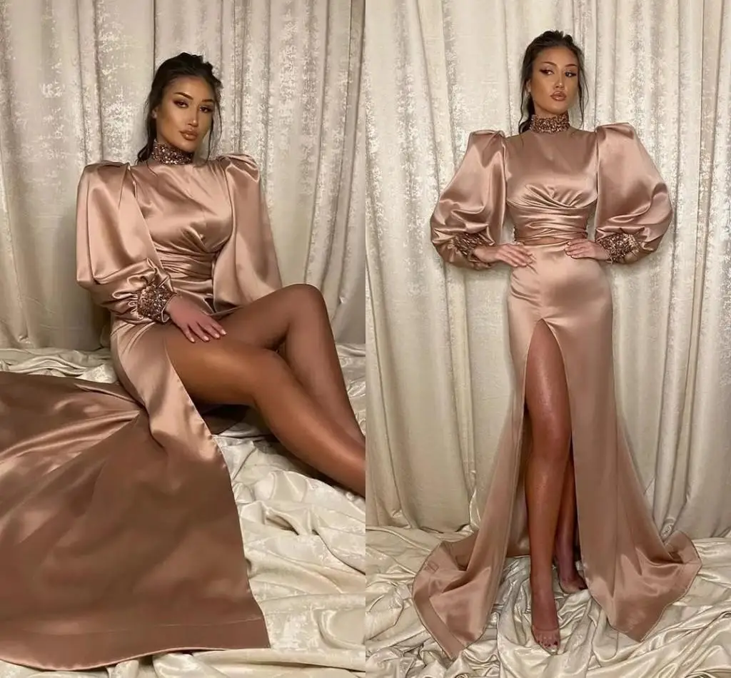 

Sexy Champagne Mermaid Evening Dresses Aso Ebi High Neck Long Sleeves Satin Beads Side Slit Sweep Train Formal Party Prom Gowns