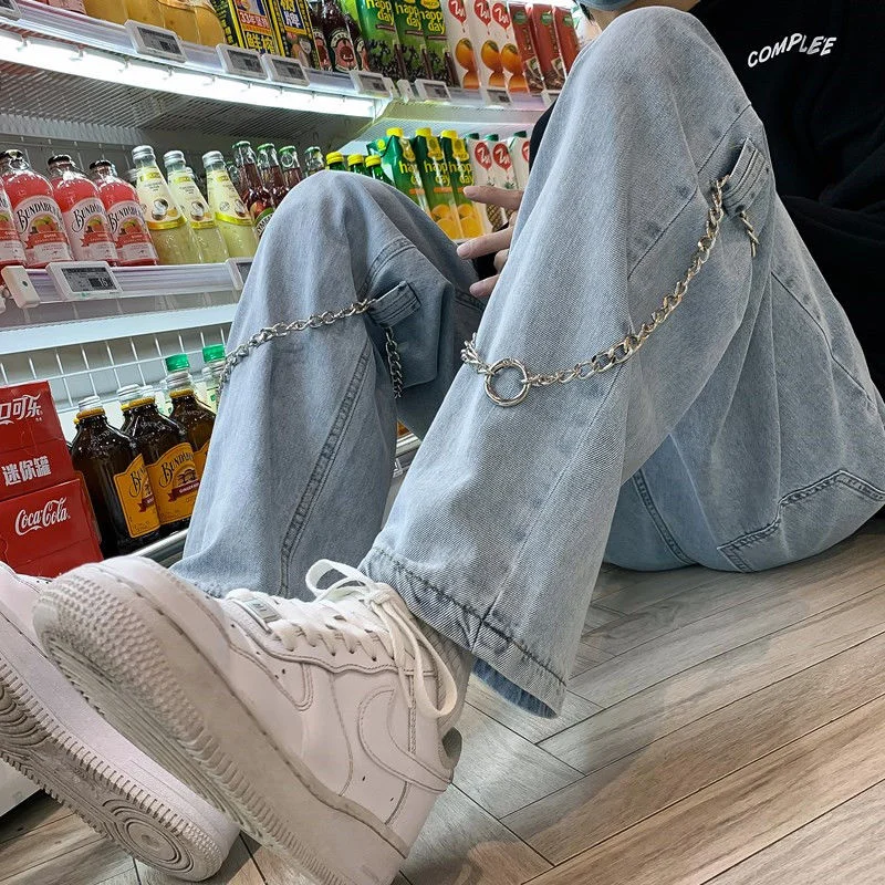 DEEPTOWN Vintage Chain Jeans for Men Hip Hop Streetwear Denim Straight Pants Black Loose Casual Trousers Male Japanese Spring