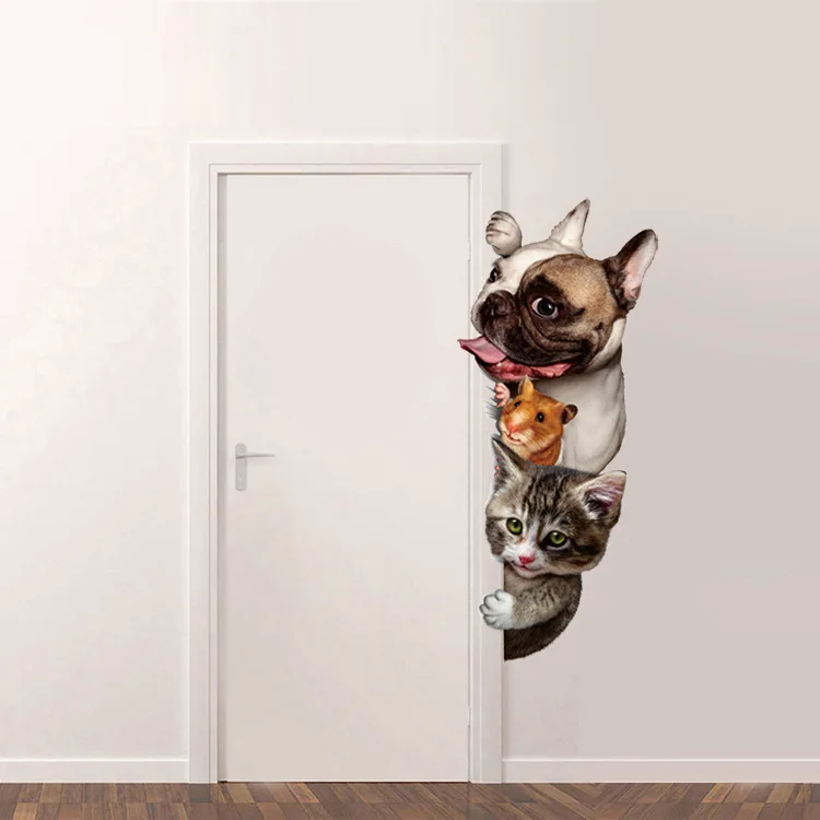 Funny 3D Cat Dog Door Wall Sticker Kids Rooms Living Room Home Decor Background Art Decals Cute Animals Stickers Decorations New