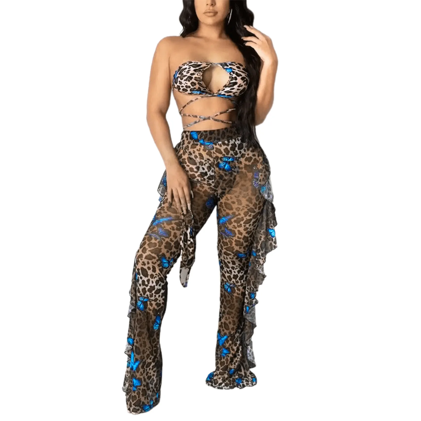 

Leopard Print Two-piece Ruffled Wide-leg Pants Two Piece Suits