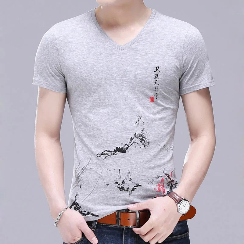 

High Quality Fashion Solid Color Printing Men's Summer V-neck T-shirt Mercerized Cotton Tide Brand Street Short-Sleeved T-shirt
