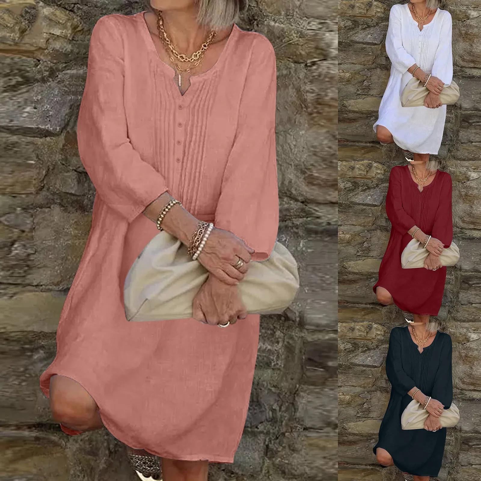 

Womens Casual Soild V Neck Splice Button Three Quarter Sleeve Long Dress Holiday Dress Dress Shirts for Women Sexy