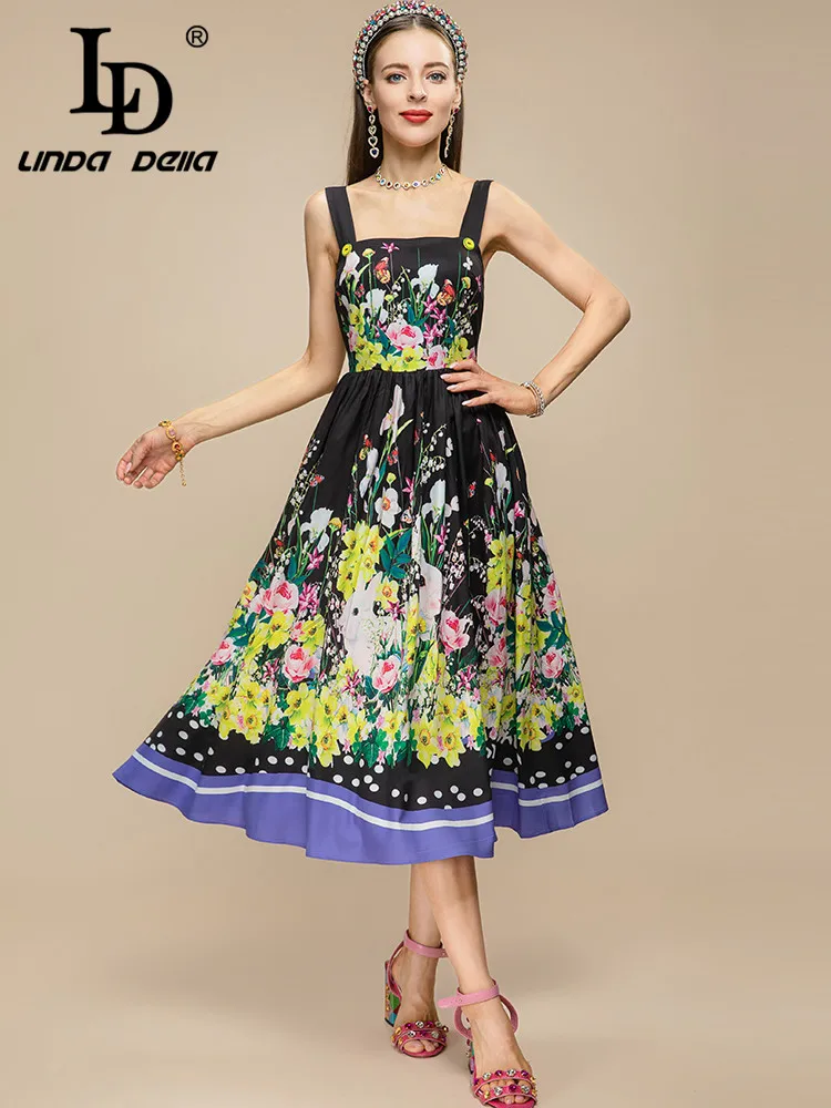 LD LINDA DELLA 2023 Designer Runway Summer Dress Women Spaghetti Strap Vintage Animal Flower Print Black Party Midi Dresses