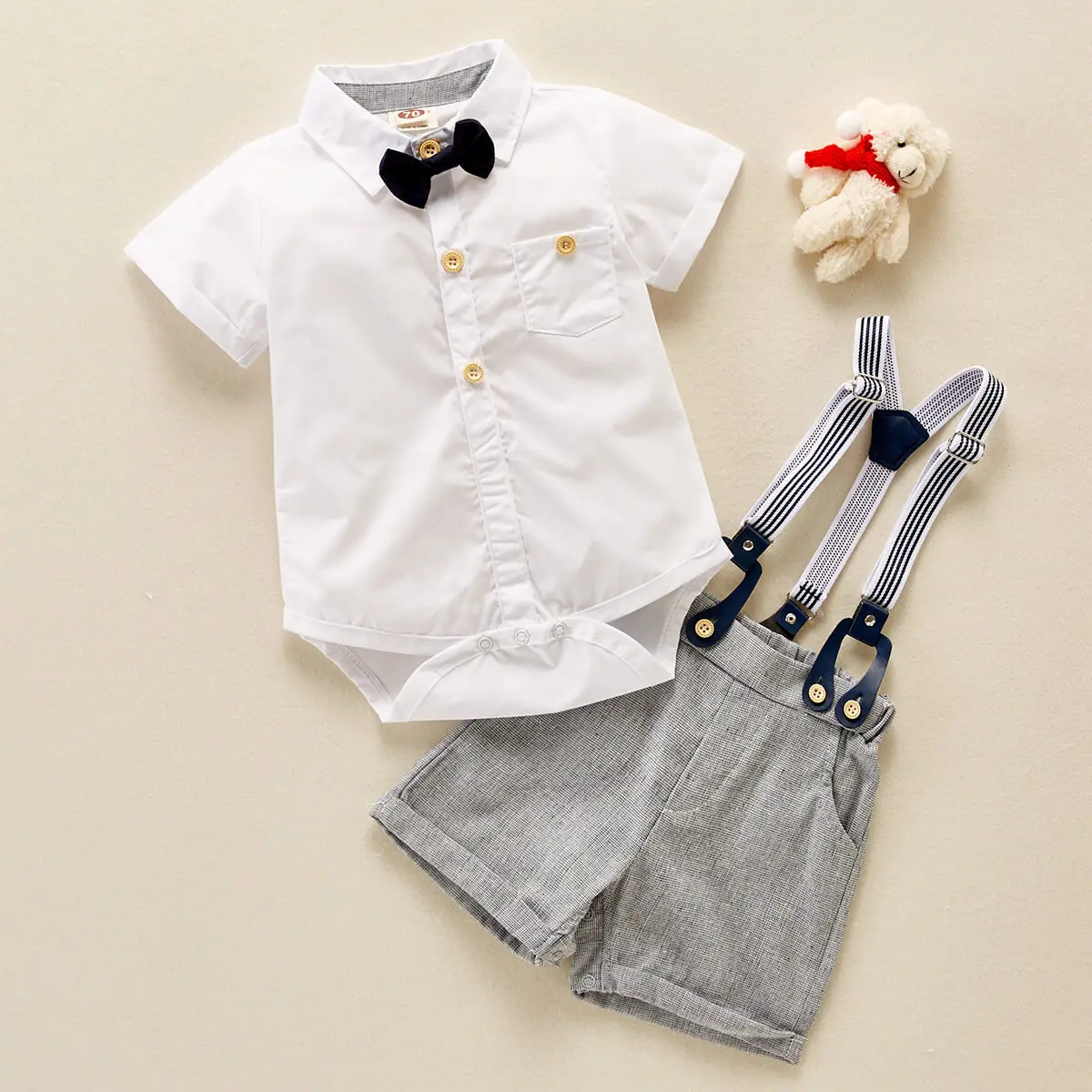 

Hibobi Toddler Boy Bowknot Decor Solid Color Shirt & Suspender