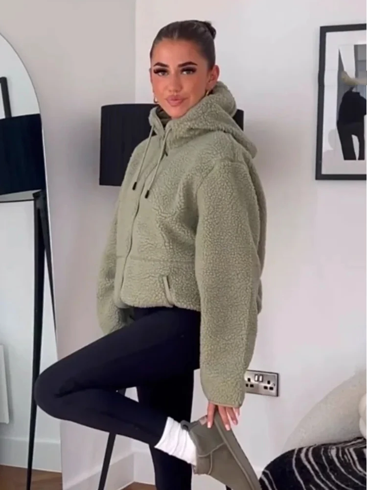 Женская Повседневная однотонная Тедди куртка Foridol с капюшоном пальто карманами