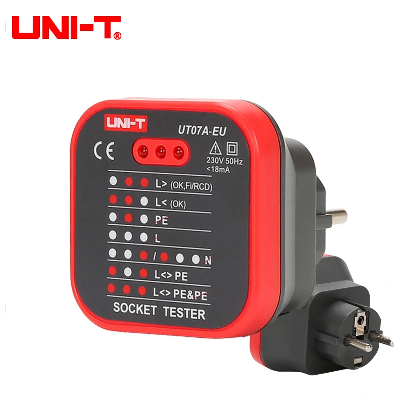 

UNI-T UT07A Socket Testers Detector EU Plug Ground Neutral Fire Plug Polarity Phase Check Wiring Detection RCD Leakage Test