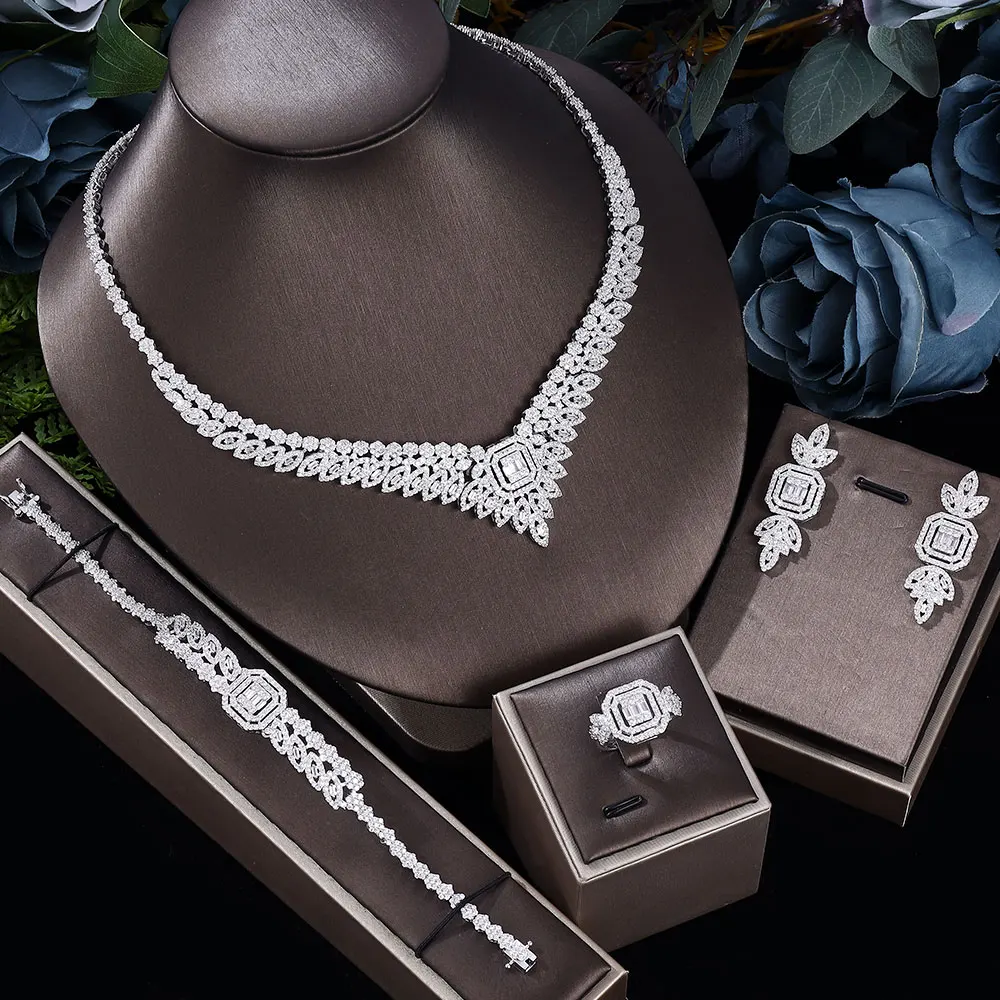 

Luxury African New 4pcs Necklace Earrings Bracelet Ring Jewelry Set Bridal Wedding CZ Dubai Nigeria Fashion Accessories Gift