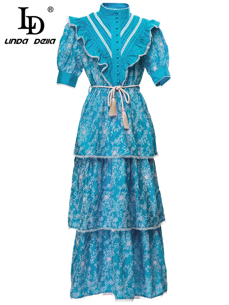 LD LINDA DELLA Fashion Runway Summer Dress Women's Stand collar Puff sleeve Hollow out Embroidery Vintage Blue Long Dress