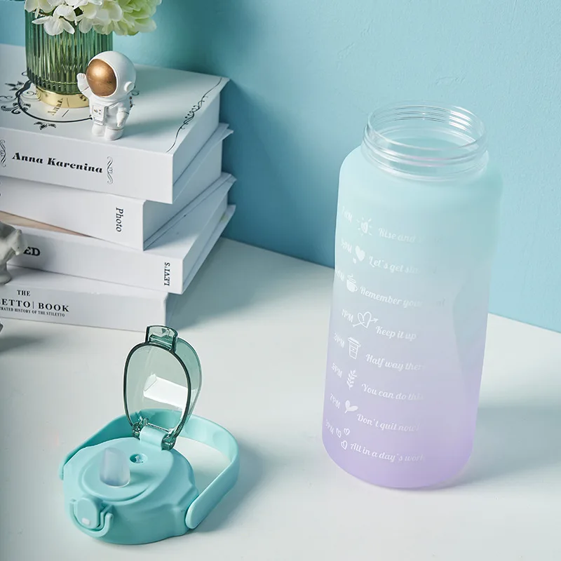 

2L Portable Sports Water Bottle Straw Leakproof Drinking Bottle with Stickers Frosted Time Scale Water Cup For Outdoor Fitness