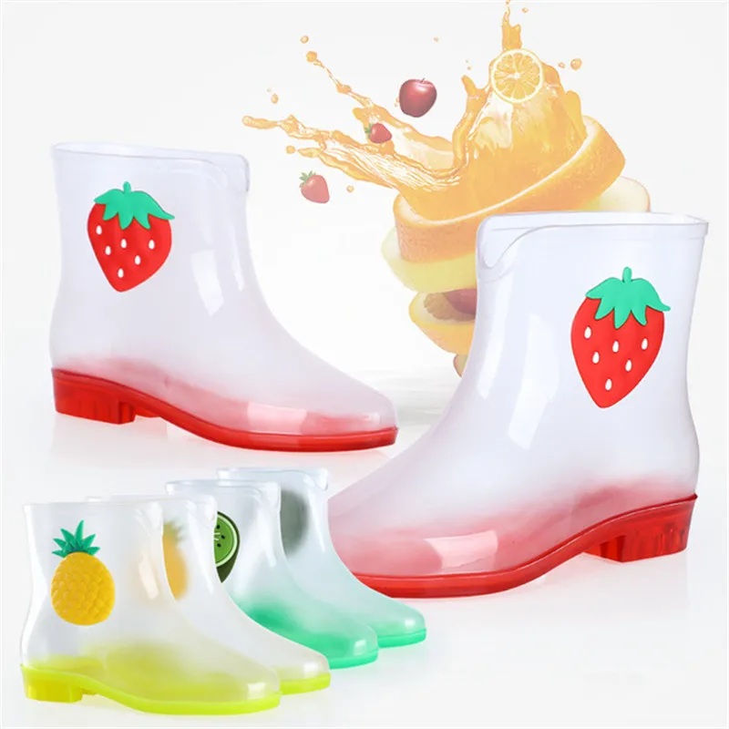 New Women Rain Shoes Fruit Transparent Rain Boots Water Shoes Fashion Cartoon Women's Short Water Boots Galoshes