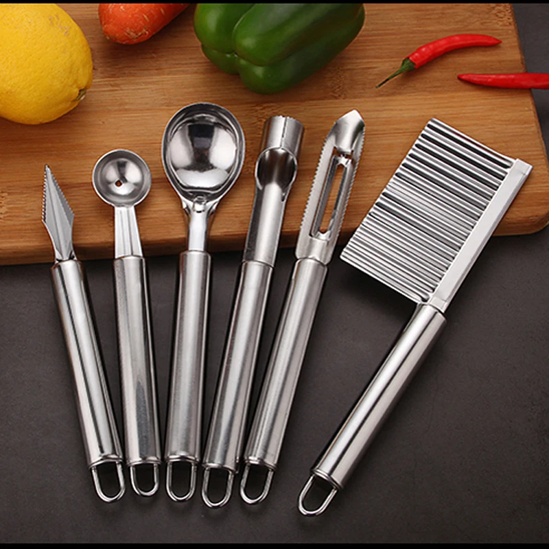 

Stainless Steel Kitchen Tool Set Vegetable Fruit Wavy Slicer Knife Corer Digging Ball Spoon Potato Cutter Peeler Accessories
