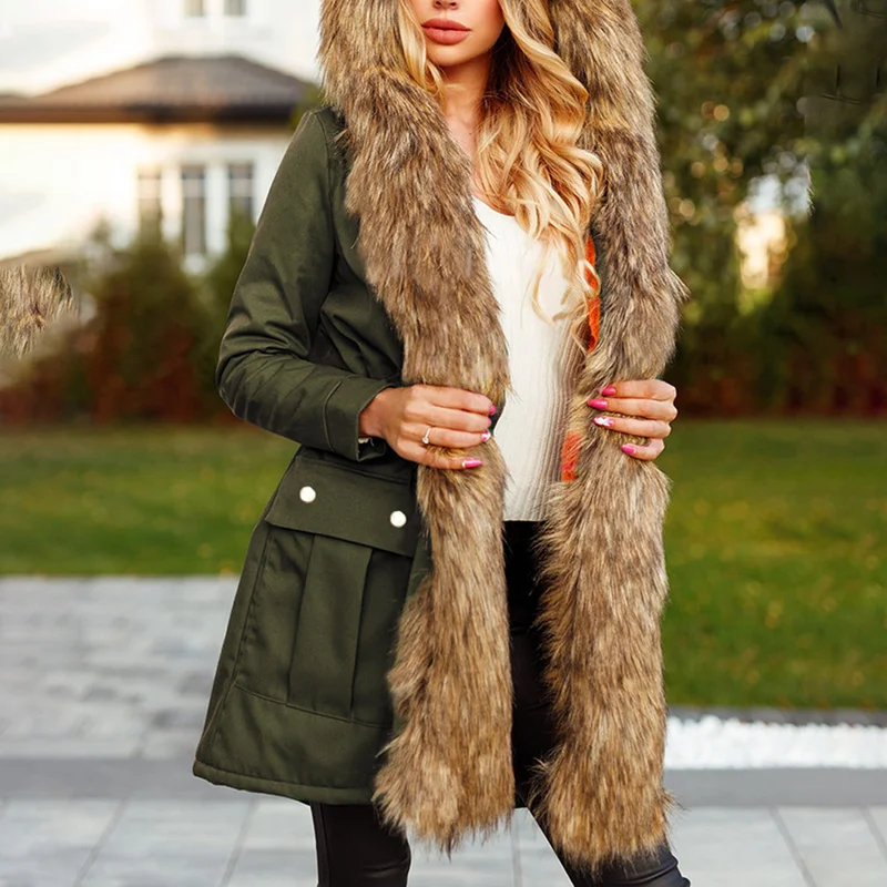 New 2023 Winter Fake Fox Fur Coat Female Thick Fur Collar Solid Fur Overcoat OutwearArrival Luxury Women Faux Fur Hooded Jacket