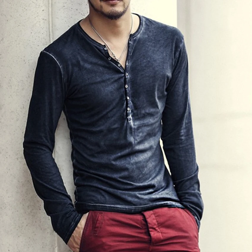 

Men Vintage Henry Collar T Shirts Casual Long Sleeve High quality Men Slim Clothes T shirt Stylish Streetwear Tee Shirt Men