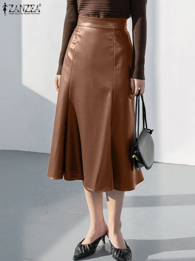 

ZANZEA Women PU Leather Skirts Office Wear Elegant A-line Jupes Oversized High Waist Faldas 2023 Autumn Fashion Midi Skirt