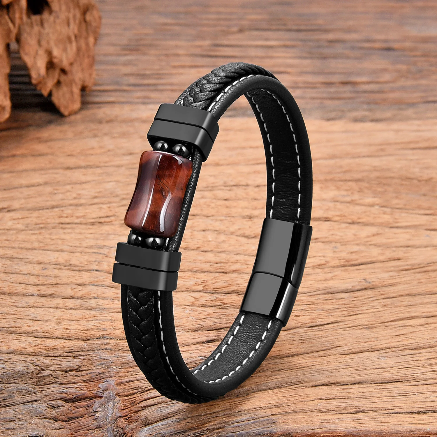 Черный плетеный кожаный браслет с натуральным тигровым глазом | AliExpress