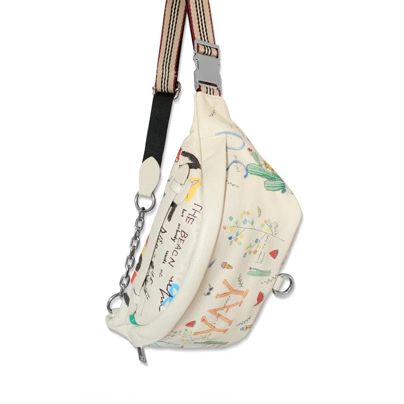 

Personalized Hand-Painted Graffiti Chest Bag Cowhide Creative Chain Shoulder Messenger Bag Street Fashion Ins Waist Bag