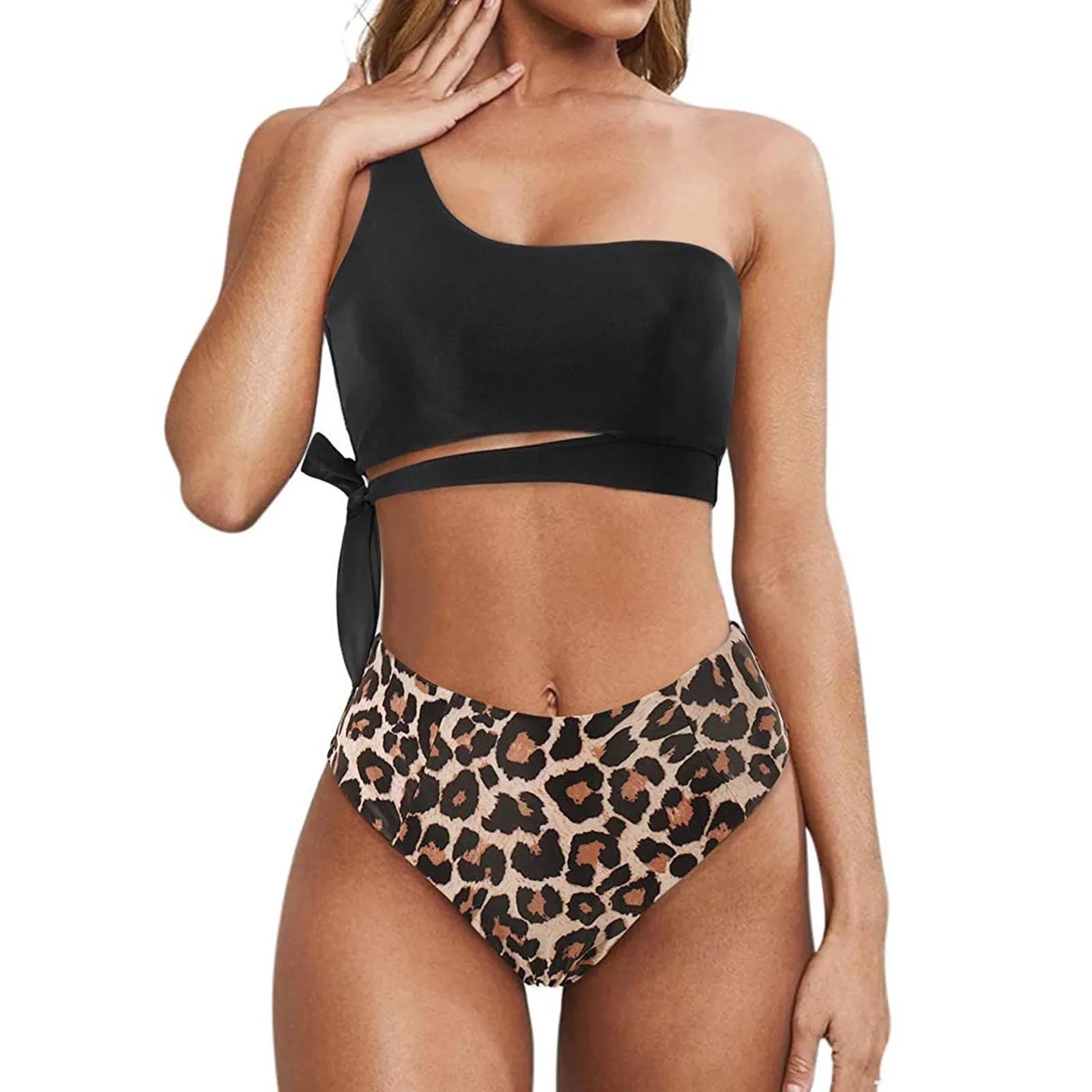 

Women Sexy One Shoulder Bikini Set Push Up Bathing Swimwear Two Piece High Waist Swimsuit Print Fashion Guard Womens