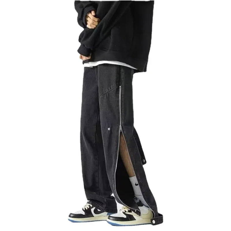 DEEPTOWN Zipper Straight Jeans Men Vintage Loose Denim Pants Streetwear Casual Trouers Male Hip Hop Fashion Spring Black Blue