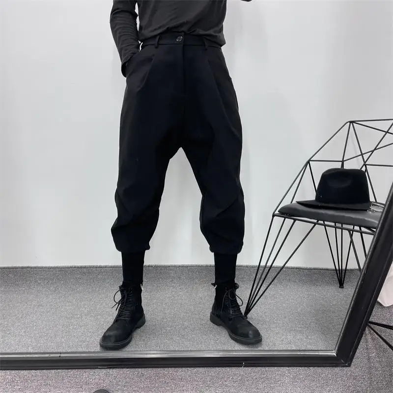 Men's Simple And Loose Harlan Pants, Spring And Autumn Fashion Men's Dark Black Department, Casual Necked And Legged Overalls