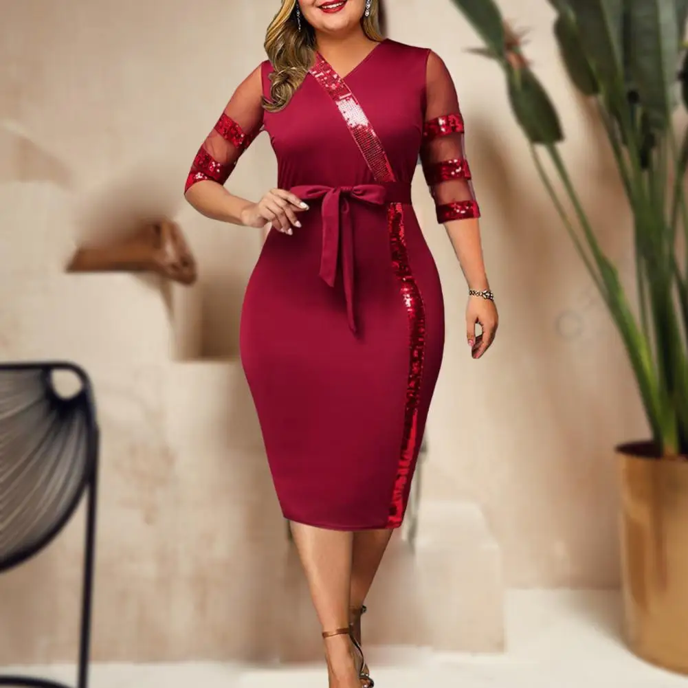 

Sequin V Neck Patchwork Sheath Dress Half Sleeve Mid-calf Length Banquet Dress Elegant Hollow Out See-through Sheath Dress