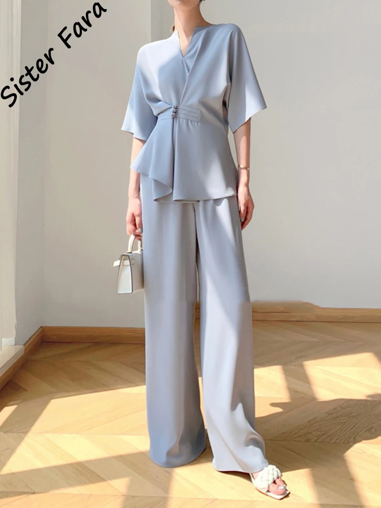 

Sister Fara Summer V Neck Disc Buckle Shirt Set Women 2 Pieces+Elastic Waist Wide Leg Pants Elegant Ladies Casual Two Piece Set