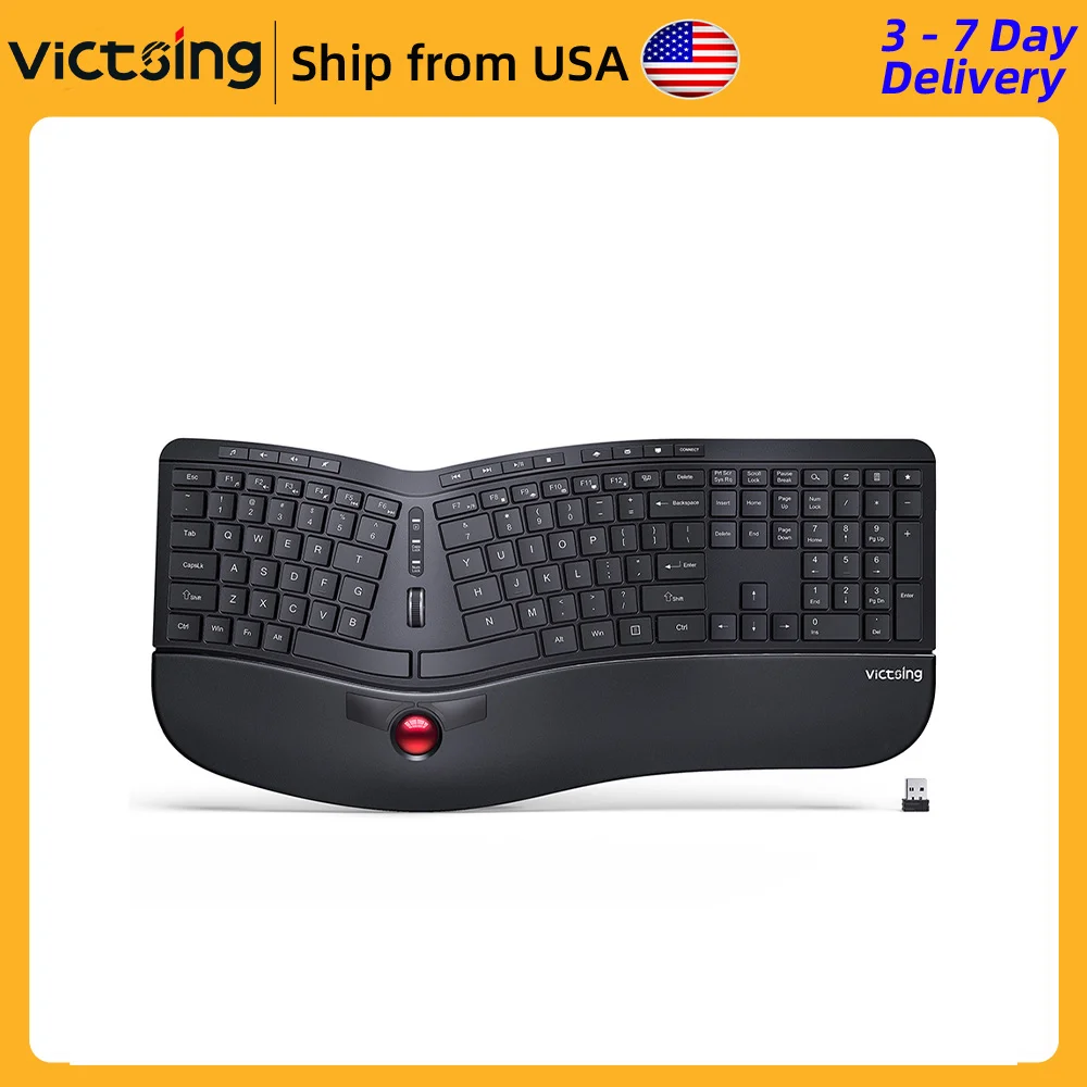 

VicTsing PC325 USB 2.4G Wireless Keyboard Ergonomic Split Computer PC Keyboard with Trackball and 16 Media Keys for Quick Access