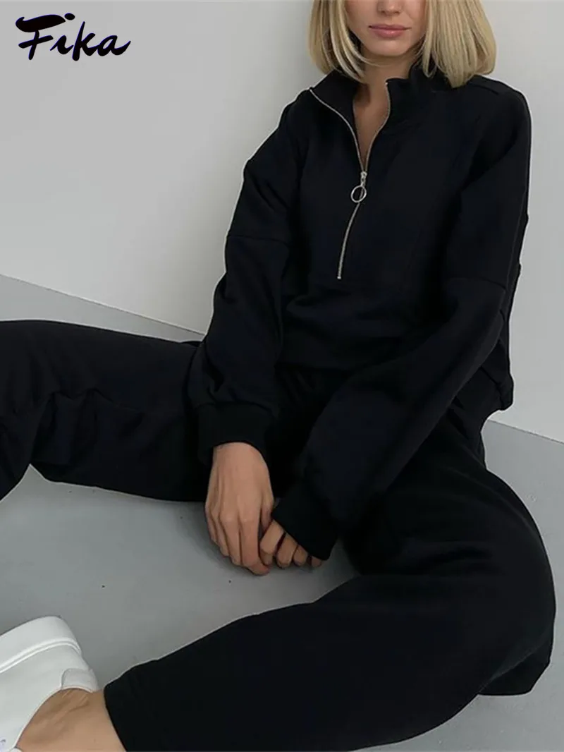 2022 Women New Autumn Winter Casual Solid Long Sleeve Zip Top High Waist Wide Leg Trousers Two Pieces Set Oversized Tracksuits