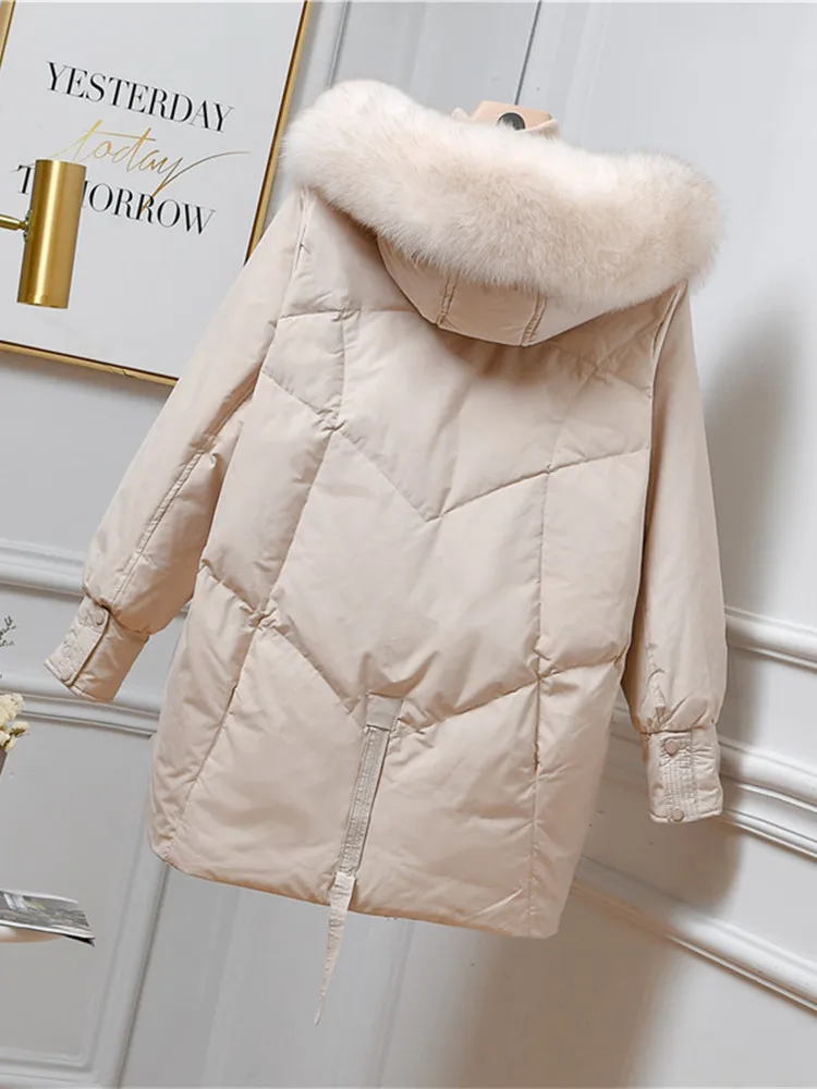 Women Long Down Jacket New Casual Style Fox Fur Collar White Duck Down Jackets Autumn Winter Coats And Parkas Female Outwear