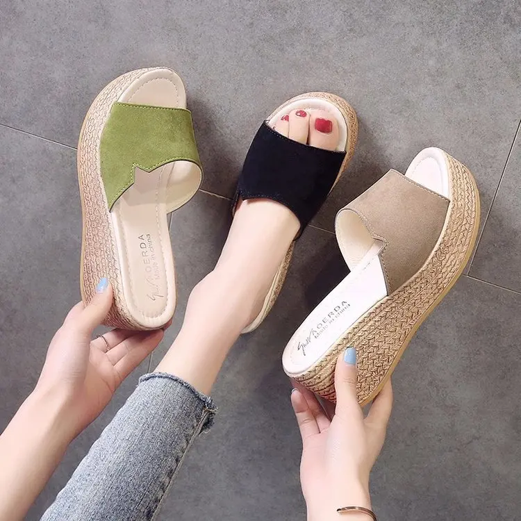

Female Summer 2022 Outside Leather Beach Slippers Platform Water Wedge Heel Cotton Fabric Heels Rubber Brief Toe Slides